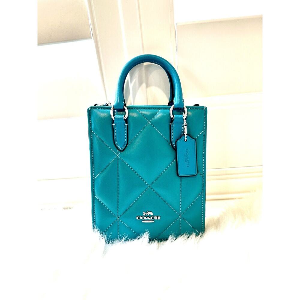 NWT Coach North-South Mini Tote with Puffy Diamond Quilting Turquoise Teal $398
